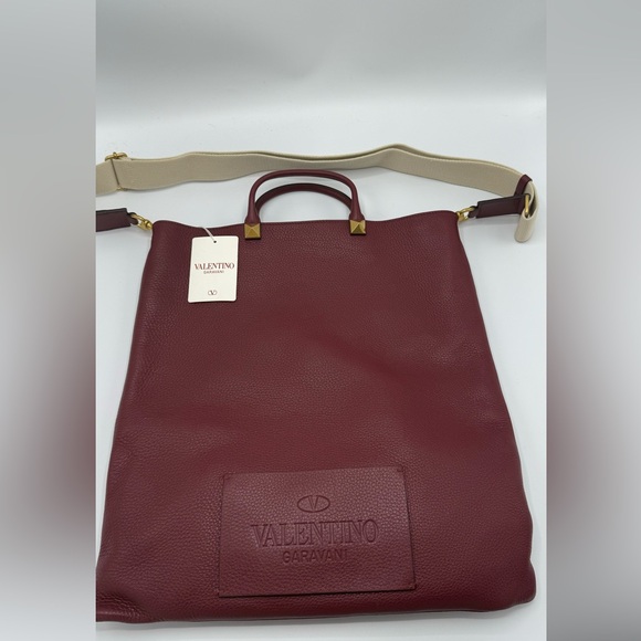 NWT VALENTINO  Burgundy Grained-Leather Tote Bag/ Crossbody - Picture 5 of 16